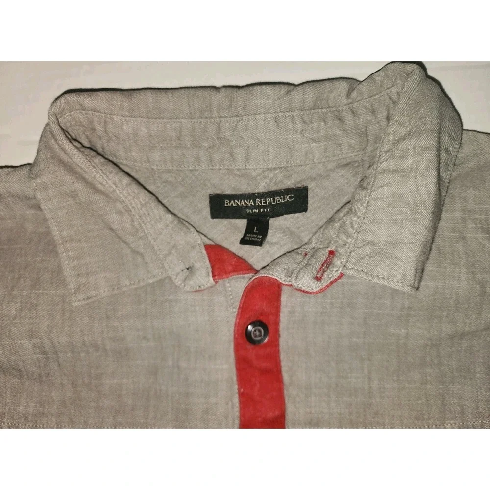 Banana Republic Gray Red Polo Short Sleeve Men's L Slim Fit